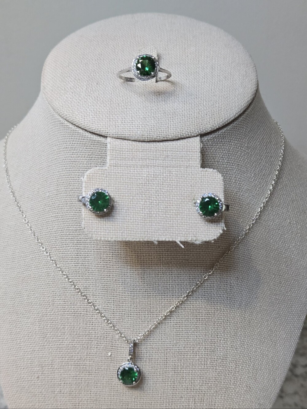 Sterling Silver & Emerald Halo Jewelry Set Pendent, Earrings & Ring